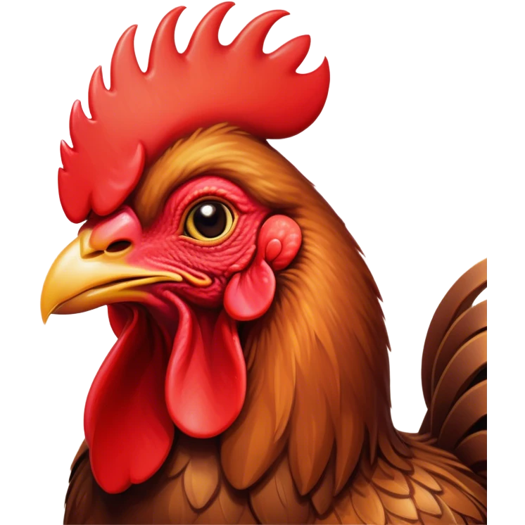 Cinematic Cute Brown Rooster Portrait Emoji, Head tilted playfully and inquisitively, featuring a glossy, immaculate brown plumage with a vibrant red comb, round, sparkling warm eyes filled with curiosity, Simplified yet irresistibly adorable features, highly detailed, glowing with a warm, friendly glow, high shine, affectionate and spirited, stylized with a touch of farmyard whimsy, bright and endearing, soft glowing outline, capturing the essence of a mischievous yet loving rooster, so playful it feels like it could strut out of the screen and into your arms! emoji