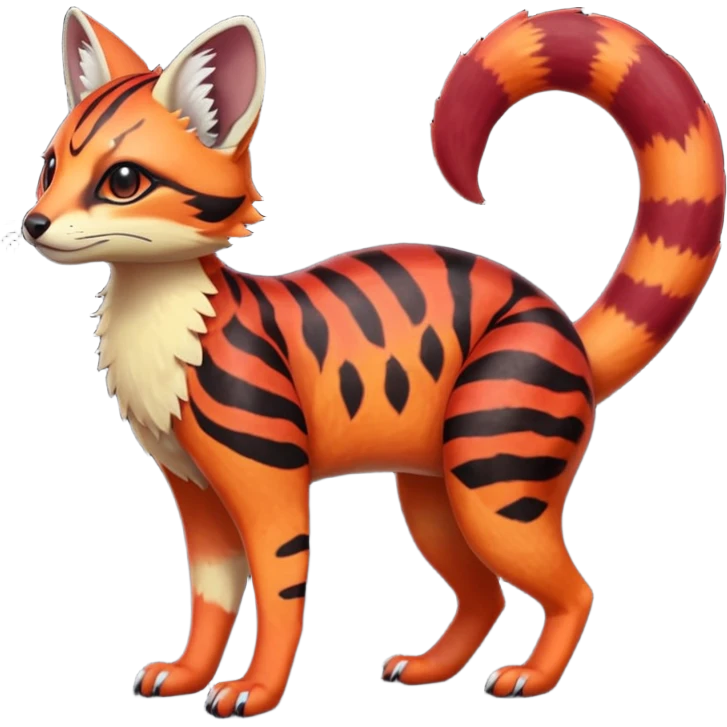Rare realistic red burgundy sanguine orange black gradients lush tropical exotic cute epic pretty beautiful handsome gorgeous aesthetic colorful vibrant Vernid-Protogen-Primagen-Wickerbeast-Genet-Trico-species-Fakemon-hybrid-creature by LiLaiRa, beautiful intricate markings, full body emoji