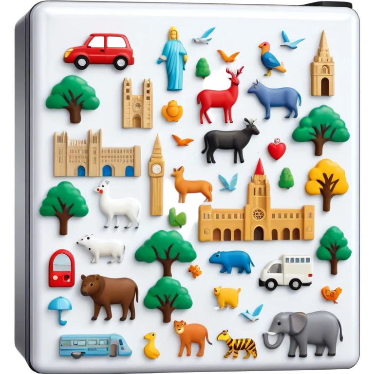 Icon for Magnet Collecting: a close-up of a fridge door covered with a variety of magnets, featuring cities, animals, symbols. The icon should highlight the diversity and charm of magnet collections. Transparent background. emoji