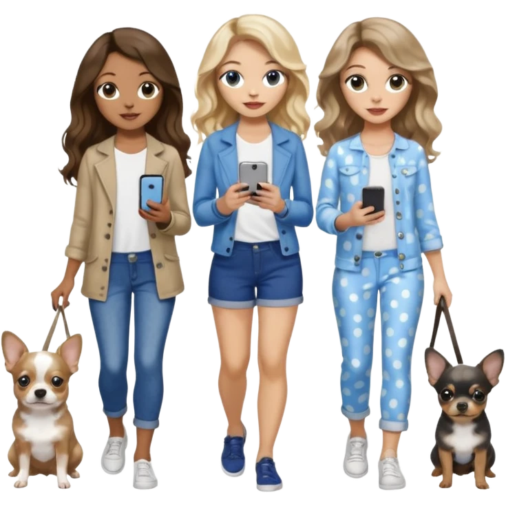 Three pretty women in cute summer clothes holding iPhone, hazel eyed light skin with dark blonde long hair and light skin hazel eyed long wavy dark hair, blue eyed light skin long blonde hair walking 2 dogs,blue and gray spotted Merle Frenchie, black and tan chihuahua  emoji