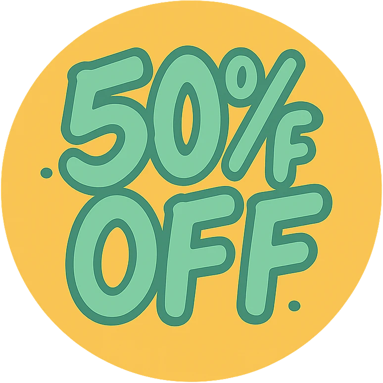 Round label with lettering 50% off with graffiti style  emoji