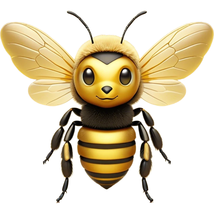 Cinematic Noble Bee Portrait Emoji, Poised and industrious, with a compact, fuzzy body in golden-yellow hues, delicate translucent wings, and a focused, determined expression with sparkling eyes, Simplified yet sharp and sophisticated features, highly detailed, glowing with a soft, sunny radiance, high shine, intelligent and diligent, stylized with an air of natural elegance, focused and alert, soft glowing outline, capturing the essence of a watchful bee that appears ready to buzz out of the screen with effortless authority! emoji
