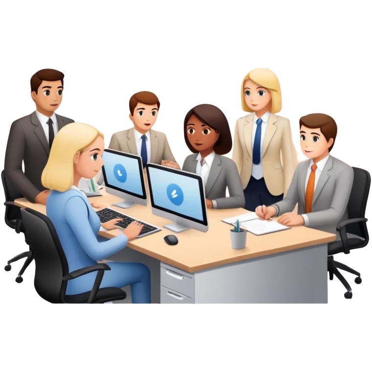 people in office setting with a SPAMGAGE meeting landscape  emoji