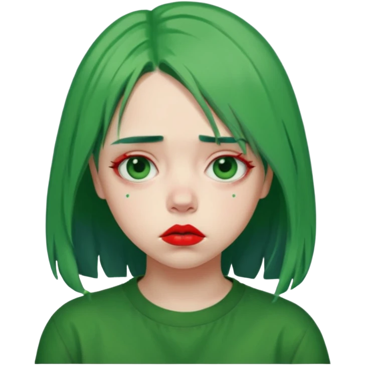 girl with green hair like Billie Eilish and red lipstick, sad expression emoji