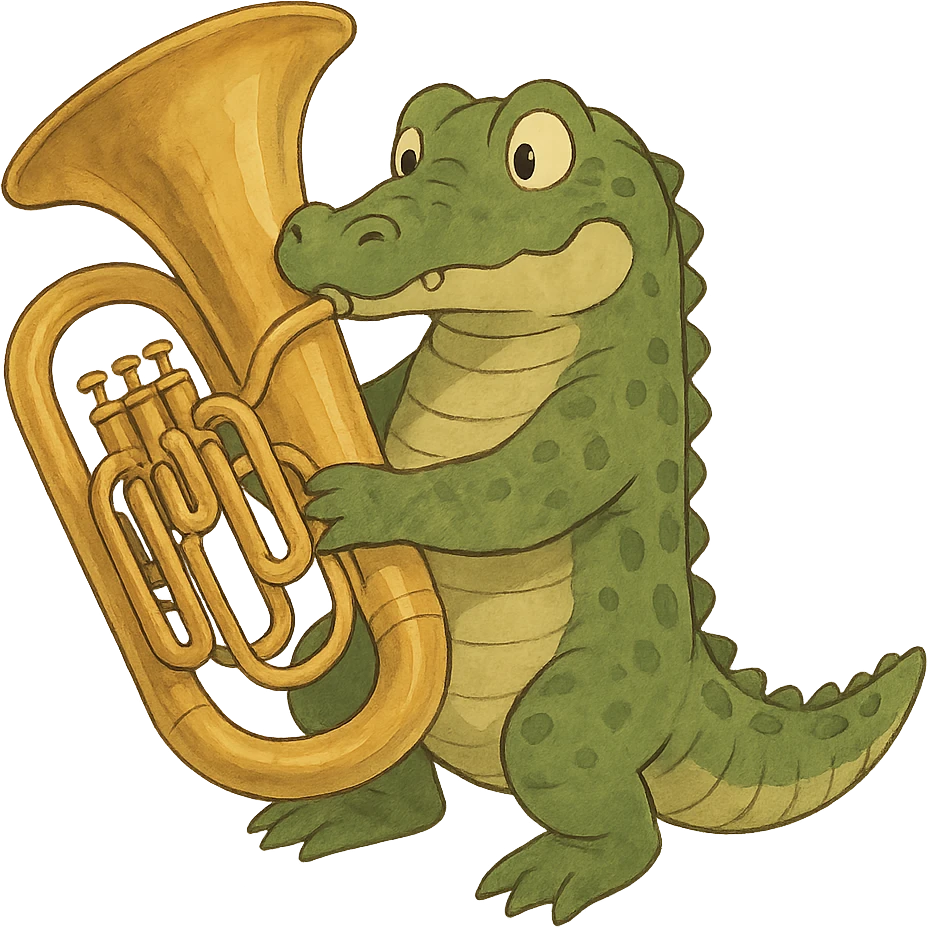 ghibli style crocodile playing a bombardino euphonium emoji