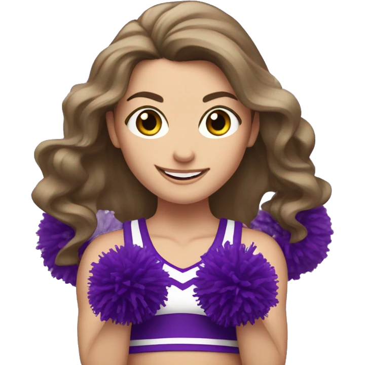 Caucasian cheerleader with long brown hair, holding up two purple Pom poms emoji