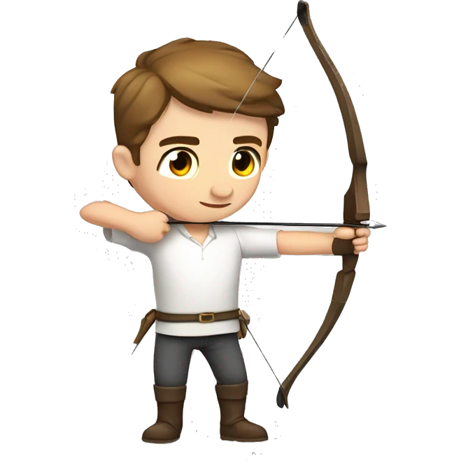 a male archer aiming with a bow facing  his target, eyes closed, wearing a white shirt, very short brown hair, bright skin emoji
