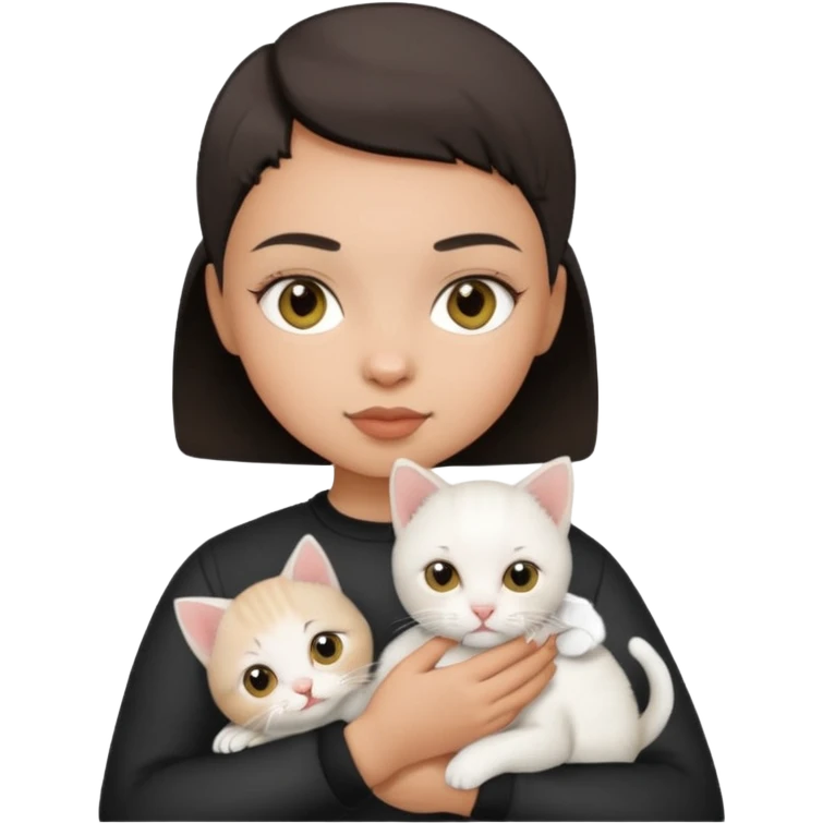 HAZEL EYES , BLACK BUZZ CUT LIGHT SKIN ROUND FACE GIRL hold kitten white  emoji