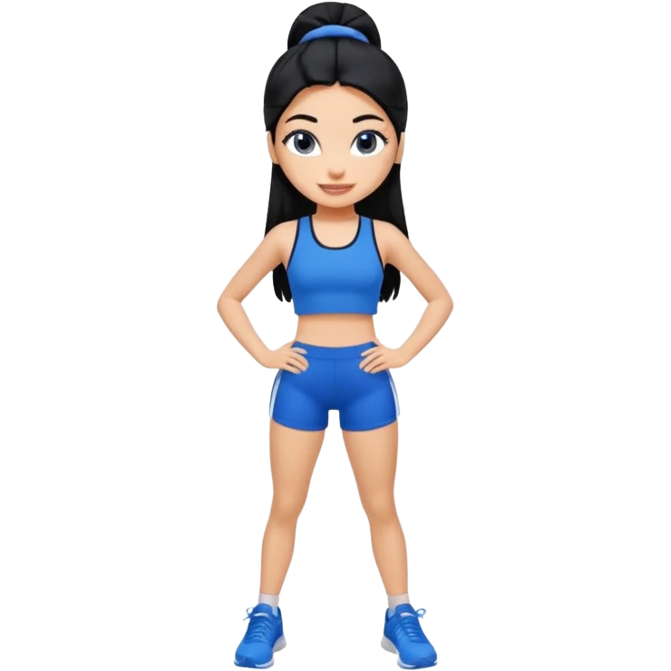 a pretty bratz tan girl who is skinny, hair color is black. wearing blue gym clothes.  emoji