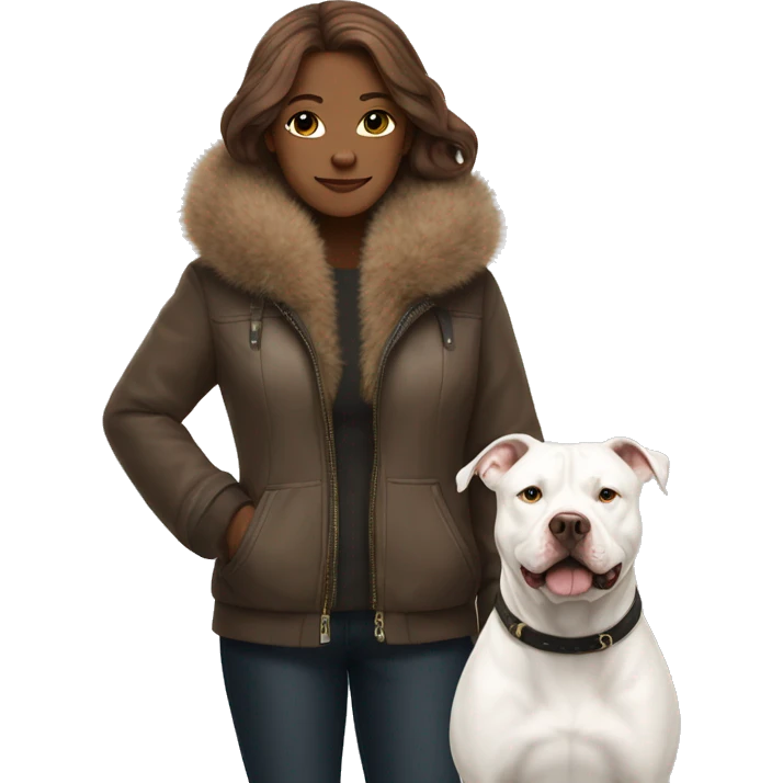 white woman with long brown hair in a furry jacket standing alongside a white pitbull emoji