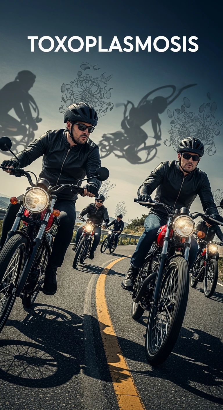 Gruppo di motociclisti su strada, volti impassibili o con espressioni rischiose e prive di paura, mentre affrontano curve pericolose. Atmosfera surreale, con ombre o simboli astratti che rappresentano la toxoplasmosi (come parassiti invisibili nel cervello). emoji