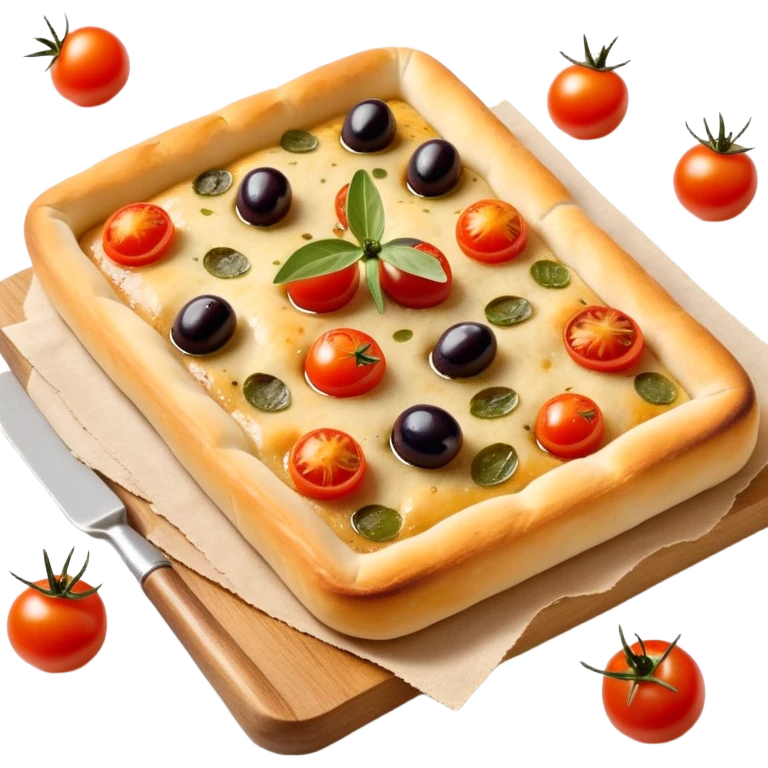 cinematic-realistic-focaccia-bread-dish-emoji,-depicted-as-a-golden,-olive-oil-brushed-flatbread-sprinkled-with-herbs-rendered-with-lifelike-texture-and-soft,-appetizing-lighting showing olives on top and the cherry tomatoes emoji