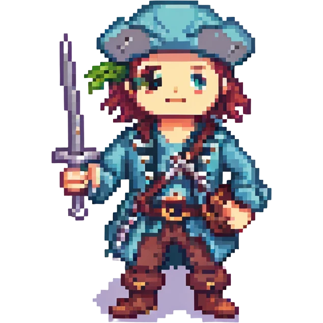 A pirate with an iron in hand, pixel art style, retro gaming aesthetic, limited color palette. emoji