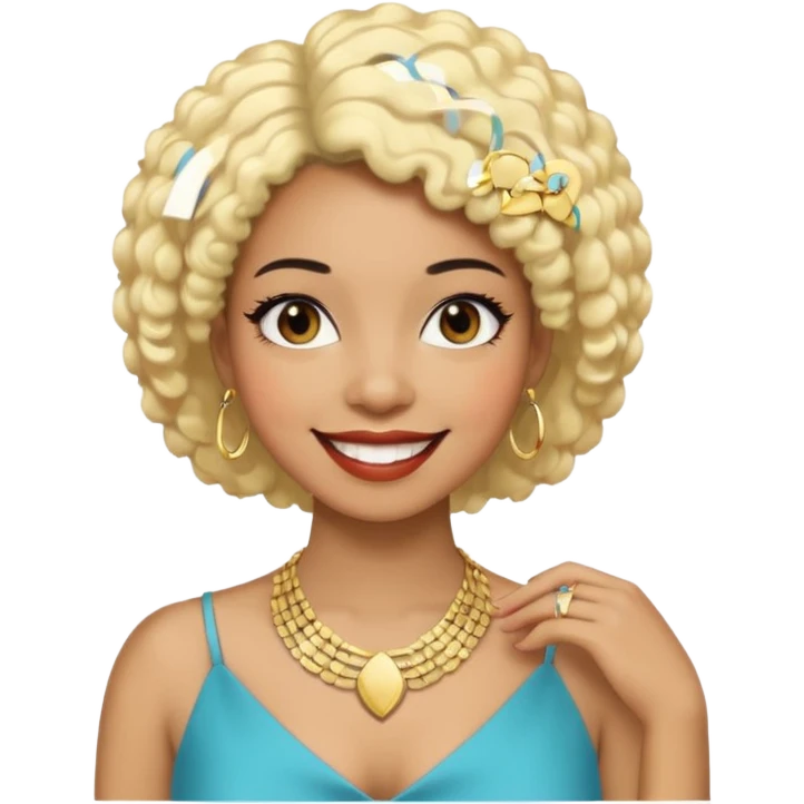 Black woman with short black afro hair, blonde hair clip, thin necklace, about 30 years old, big smile, event manager vibe emoji