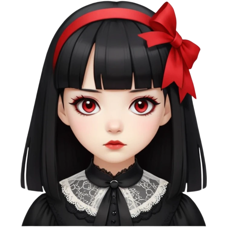 Cute East Asian girl, pale skin, straight bangs, black inward bob. Wearing gothic dress with lace collar, red eyeshadow, black ribbon headband, serious expression emoji