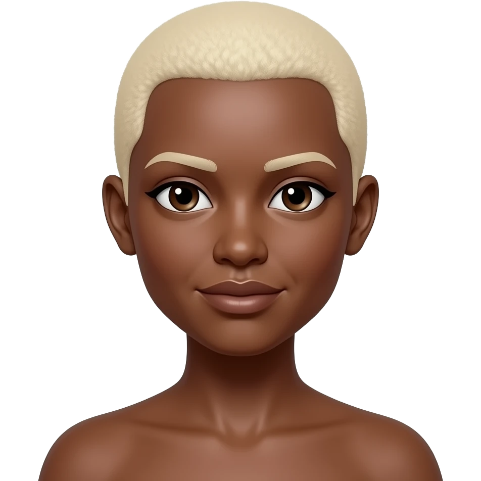 Black woman with a to the scalp hair cut shorter much shorter. Very very short almost bald still to long.a platinum blonde color and a copper color skin tone no blonde eyebrows , pjease a lighter skin tone emoji