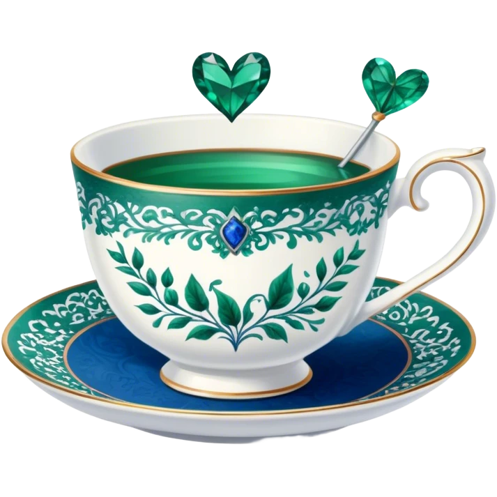 A delicate teacup with an intricate vintage emerald green floral design, set beside a love letter with deep blue ink. emoji