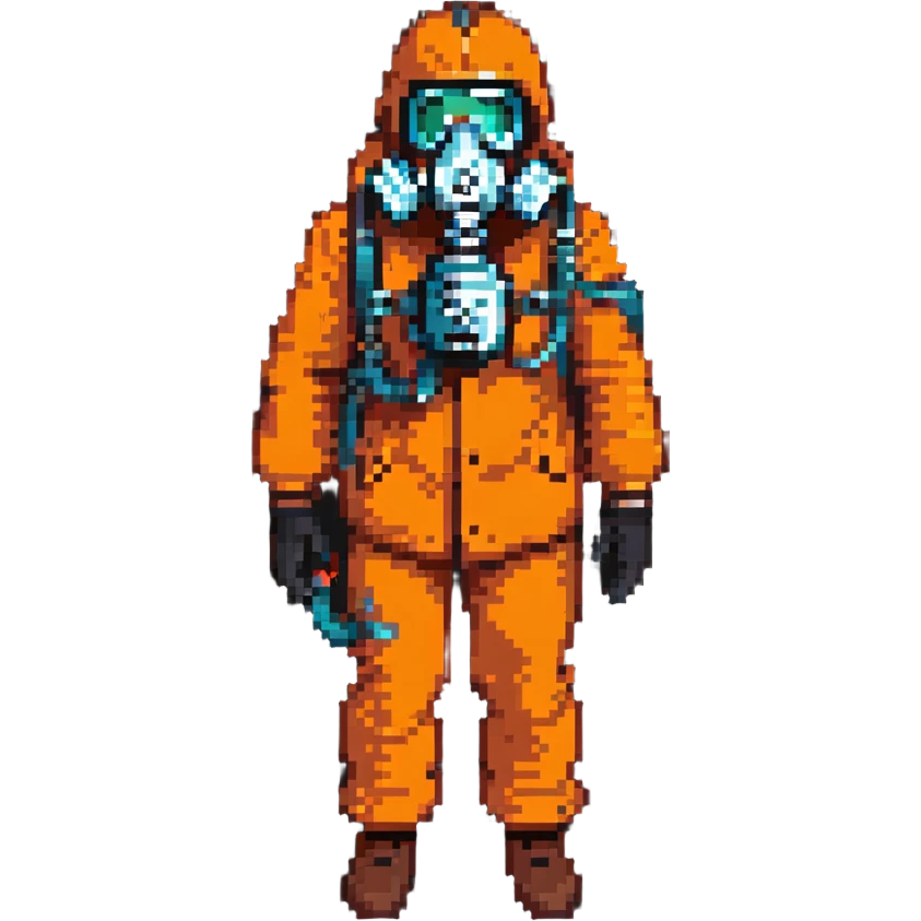 person in an orange suit, wearing a gas mask and black gloves emoji