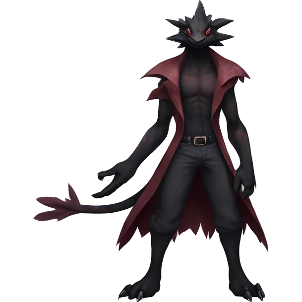 cool edgy black and maroon Dark-type nargacuga Salandite Pokémon full body by LiLaiRa, by Falvie emoji