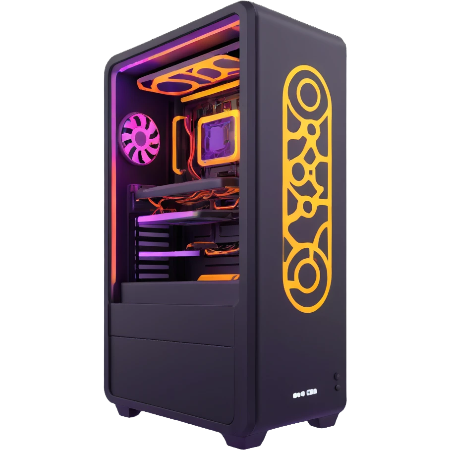 futuristic PC with vibrant light patterns inside glass case emoji