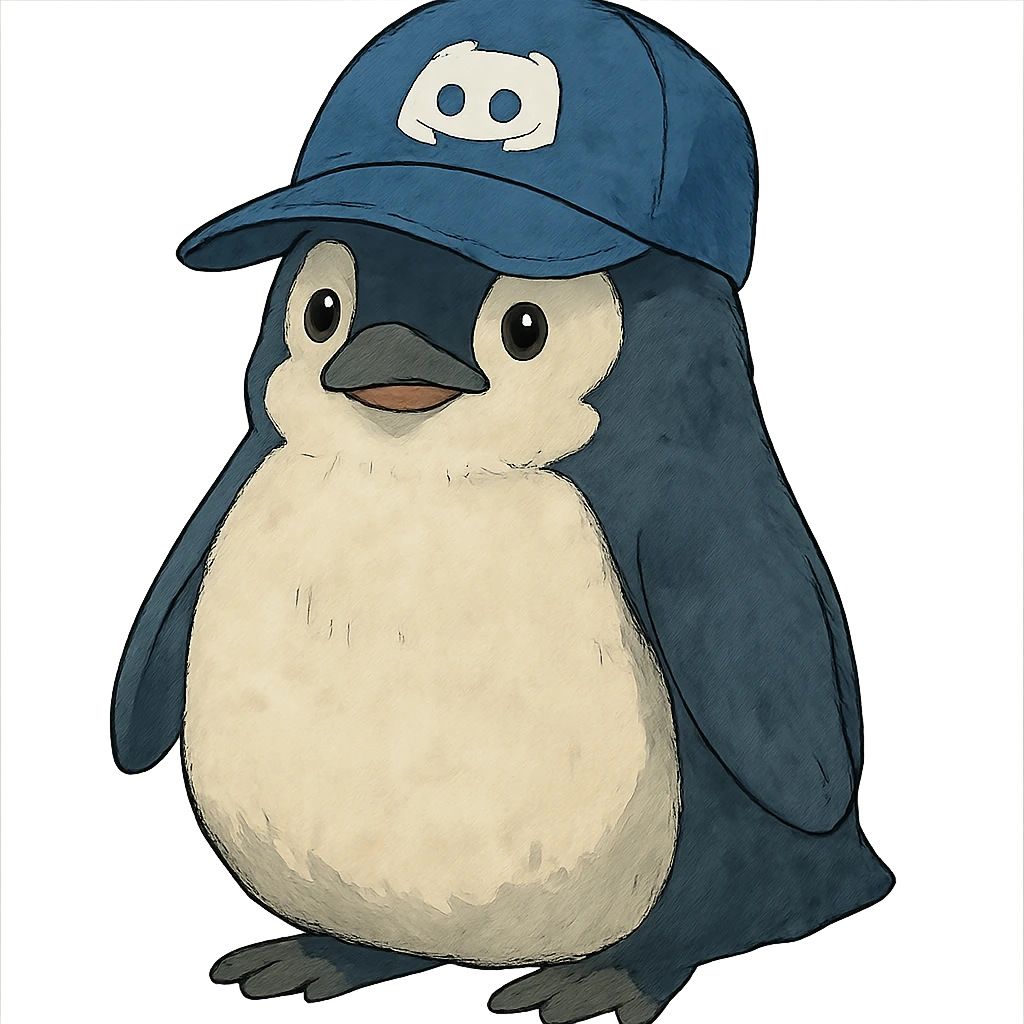 ghibli style penguin with a Discord hat emoji