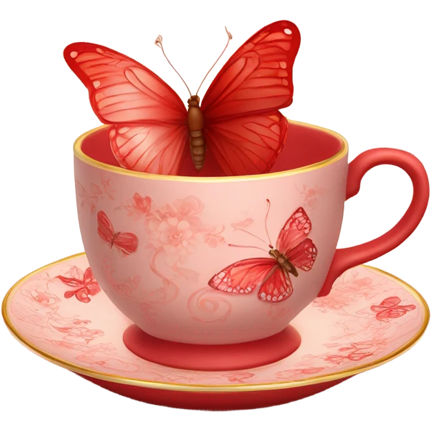 A delicate red butterfly with pastel red wings, resting on the edge of a light red porcelain teacup adorned with intricate floral patterns. emoji