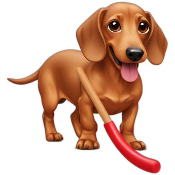 A fawn colored dachshund playing with a red rubber stick emoji