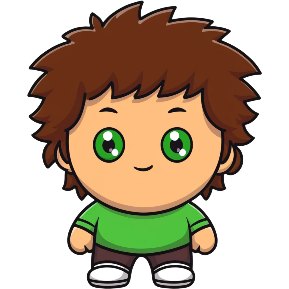 Johnny with brown semi-fluffy hair, one green eye and one brown eye emoji