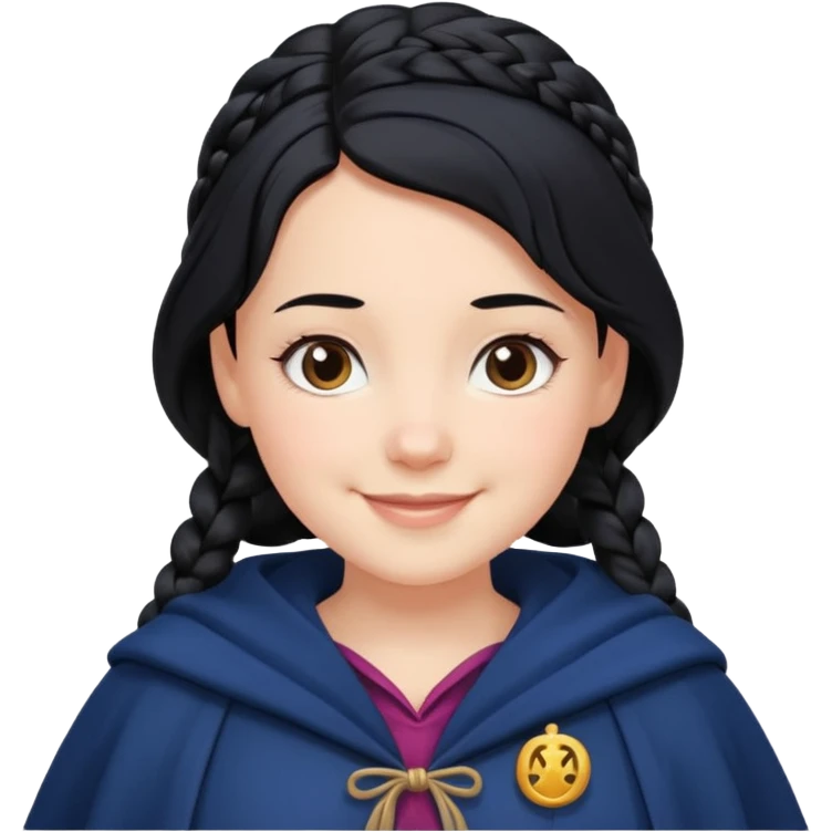 braid black hair, white girl, dark blue cloak, happy smile emoji