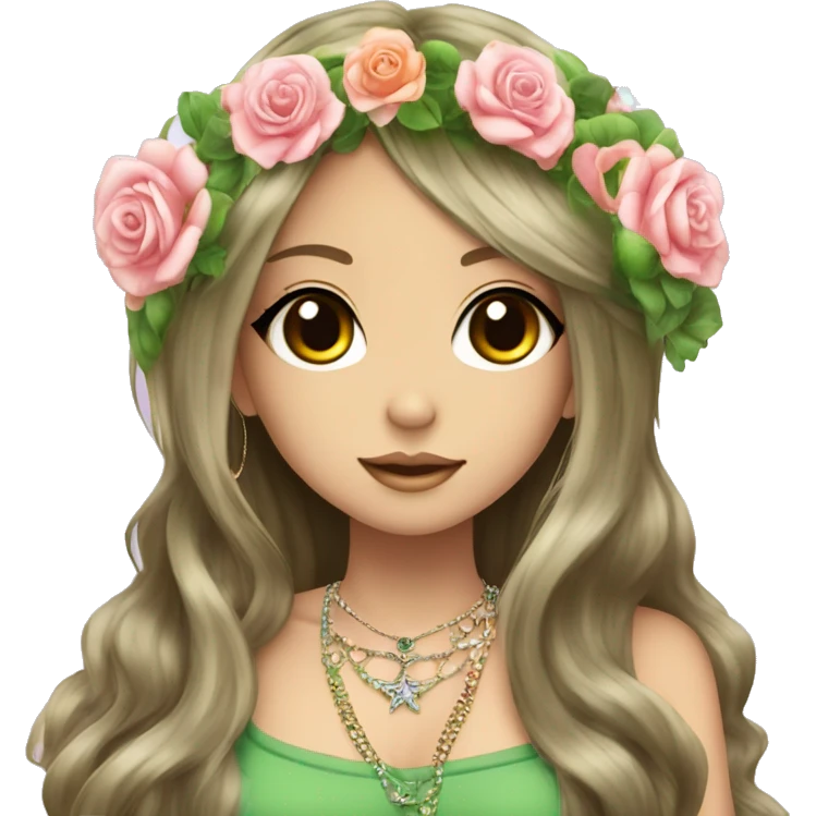 hime gyaru girl, hippie, long brunette hair with roses in hair, crystal jewelry, green top, peace sign hand logo emoji