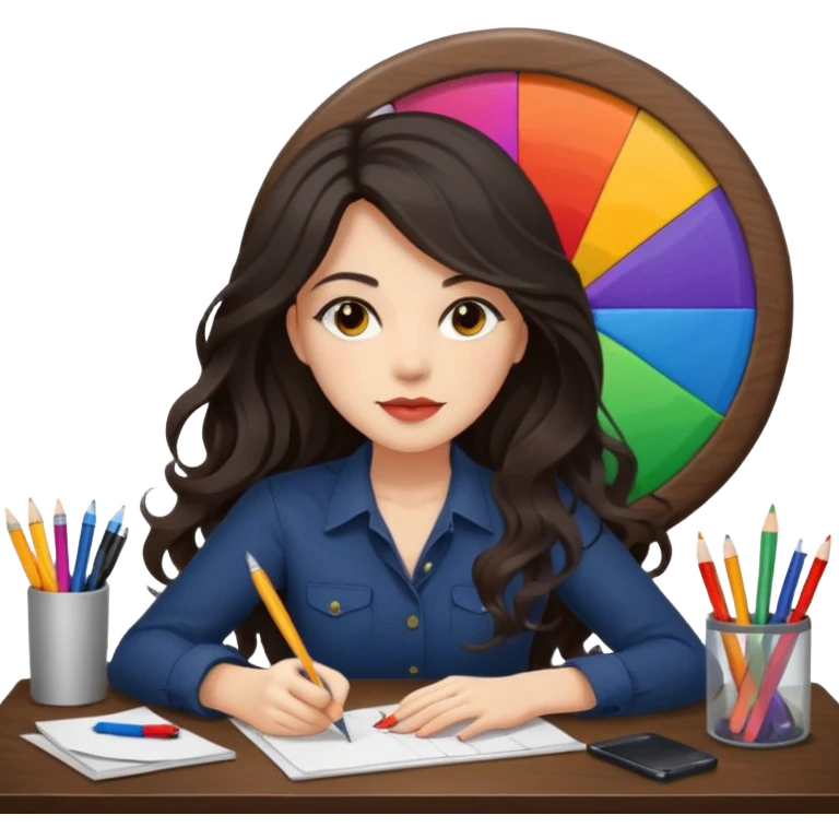 female dark wavy long hair graphic designer , big color wheel behind , pens, papers, desktop emoji