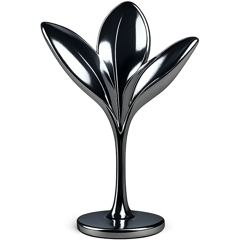 stylized chrome plant with three shiny petals growing upward, futuristic and smooth emoji