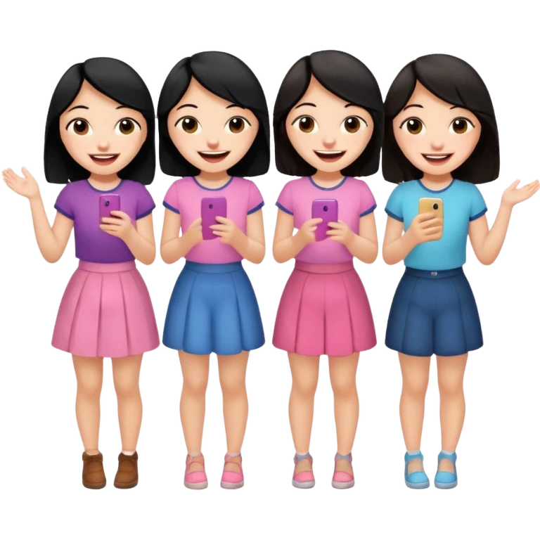 3 friends having fun, one with black hair, 2 with brown hair, girly style emoji