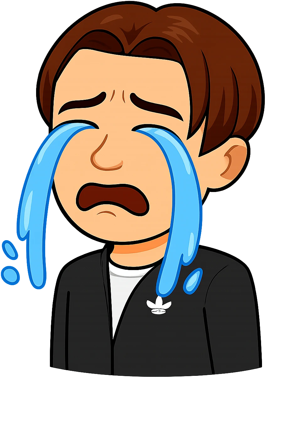 Edit the second image so that the figure is crying as intensely as in the second image, but keep the face and shirt of the figure from the first image. The background should remain transparent. The style should match the original images' style as closely as possible. emoji