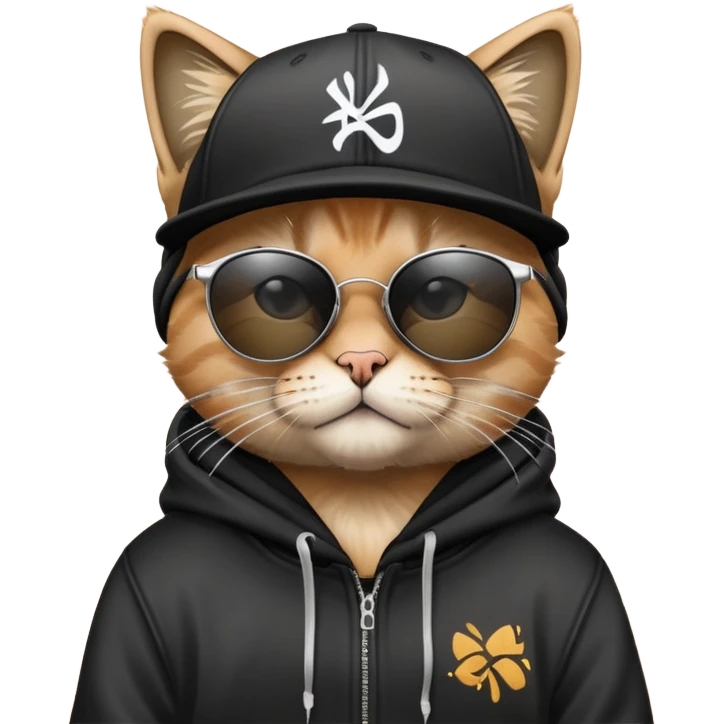 cat wearing a black snapback cap, black hoodie, and black sunglasses low on his nose that he is peering over, doing graffiti art with spray paint, street art style emoji