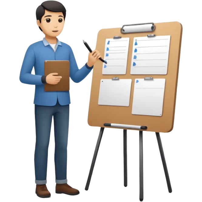 Minimalistic flat vector icon, iOS style, thin black contour on white background. Person silhouette with a project board (kanban/task board) behind. No text, no shadows.
 emoji