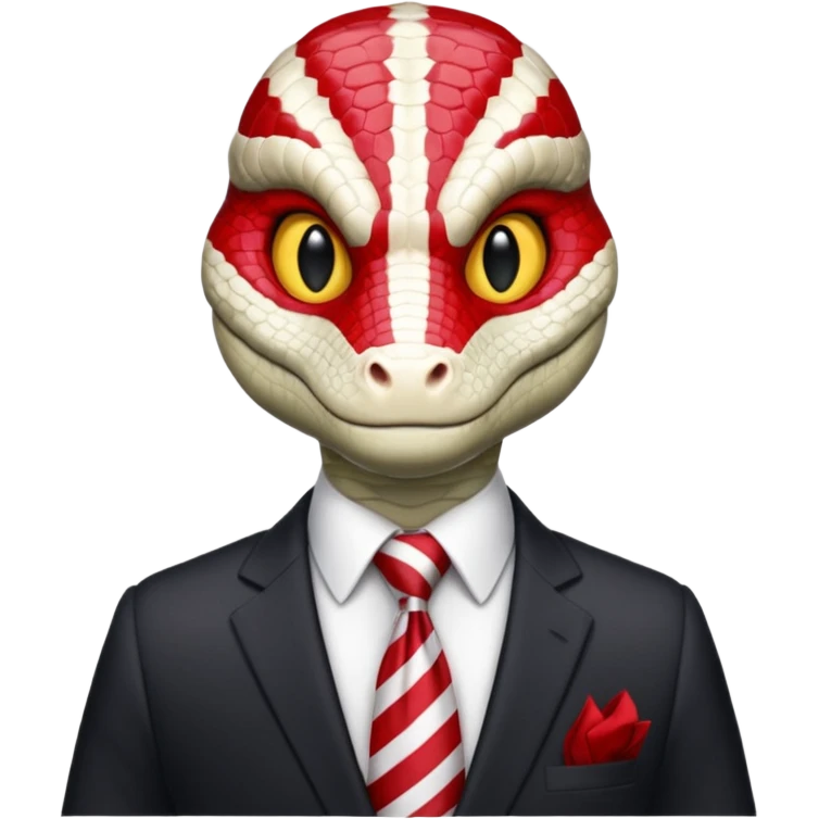 A reptilian humanoid dressing a suit, striped red and white tie, human emoji style, his face is seriously, his eyes is similar to real viper snake eye emoji
