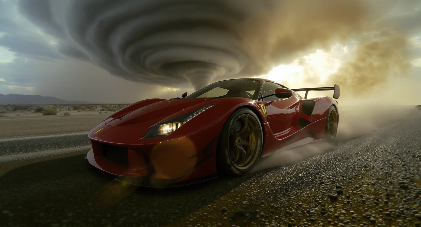 Cinematic still of a ferrari f40 around tornado od arizona desert, sun flare, captured by gopro hero with effect fisheye, water drops on car body, detailed emoji