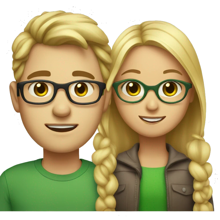 blonde girl with green eyes and glasses next to a guy with brown hair and brown eyes emoji