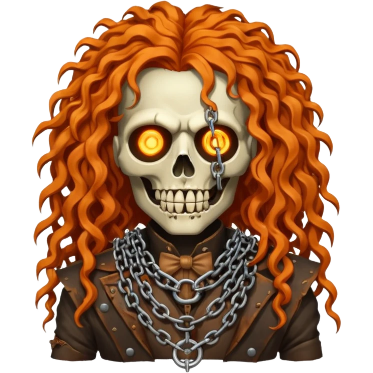 steam-punk Megadeth - iconic corpse made of rusty metal with chains on its teeth, huge curly orange hair emoji