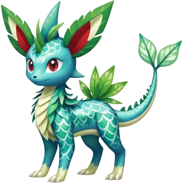 Shiny Scaley Marked Exotic Patterned Colorful Shaymin-Vaporeon-Sceptile-Flygon-Meloetta-Pokémon-Fakémon-fusion, full body emoji