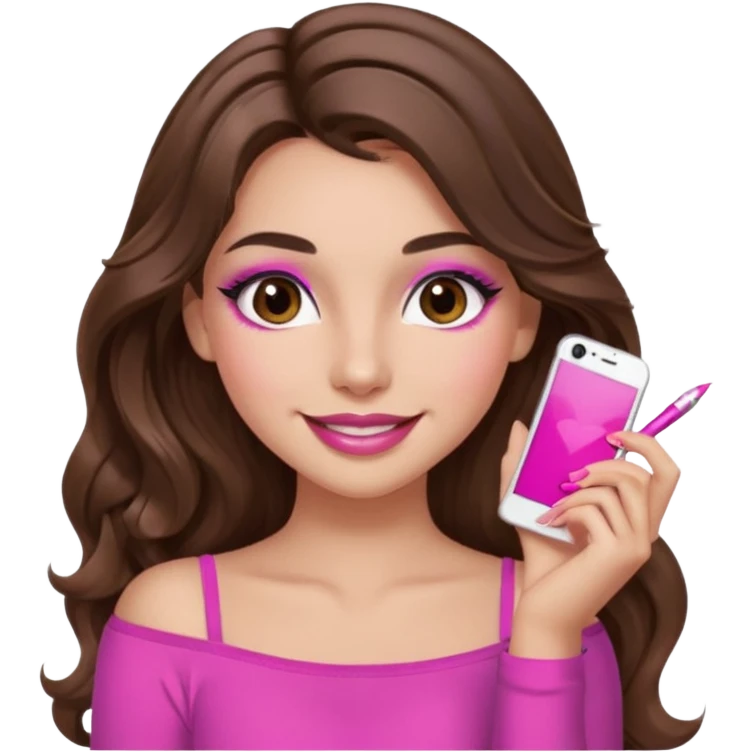 girl with long wavy brown hair, brown eyes, long lashes makeup, sexy pink lips, light to medium complexion, pink sexy top, smiling, hand by the cheek emoji