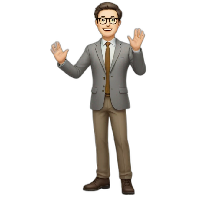 Full height Actively gesturing with hands Pale skinned fit man with dark brown hair in gray jacket, beige office shirt, brown tie, brown pants and vintage glasses. emoji
