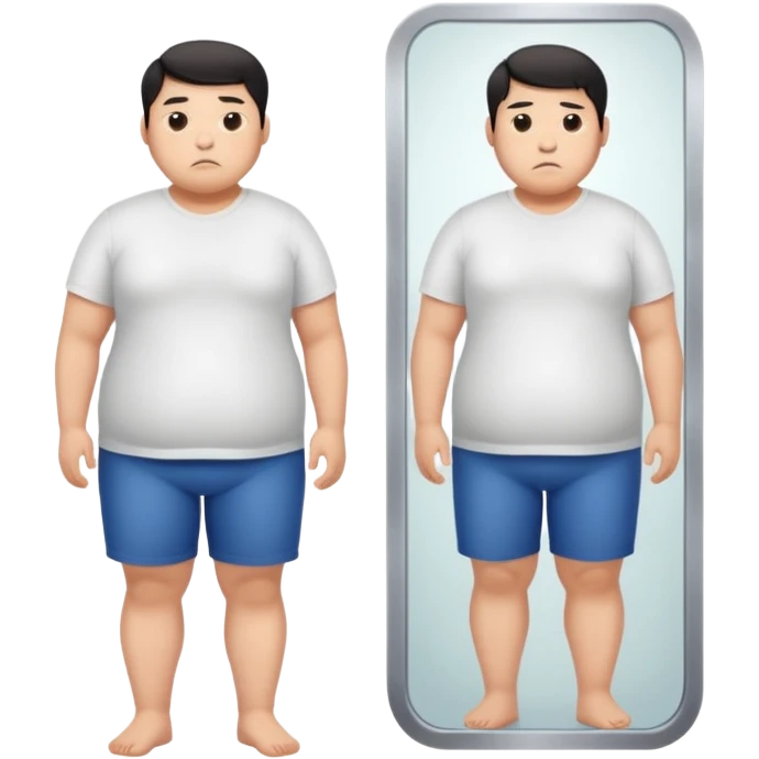 A young Asian guy looks sadly at his overweight body in the full-length mirror. emoji