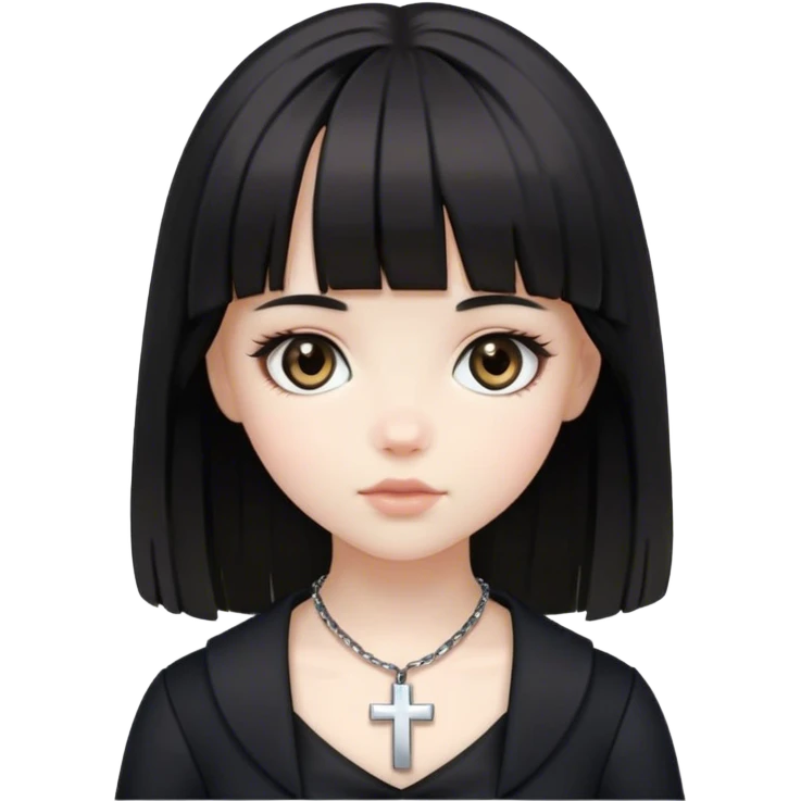 A pale white doll girl with medium black hair and bangs with big light brown eyes wearing black clothes and a cross necklace emoji