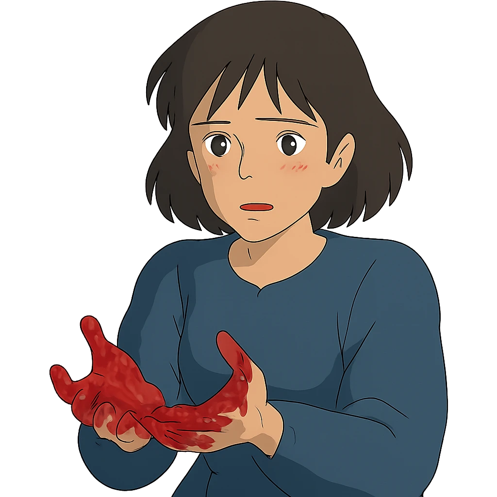 ghibli style illustration of a woman with blood on her hands emoji