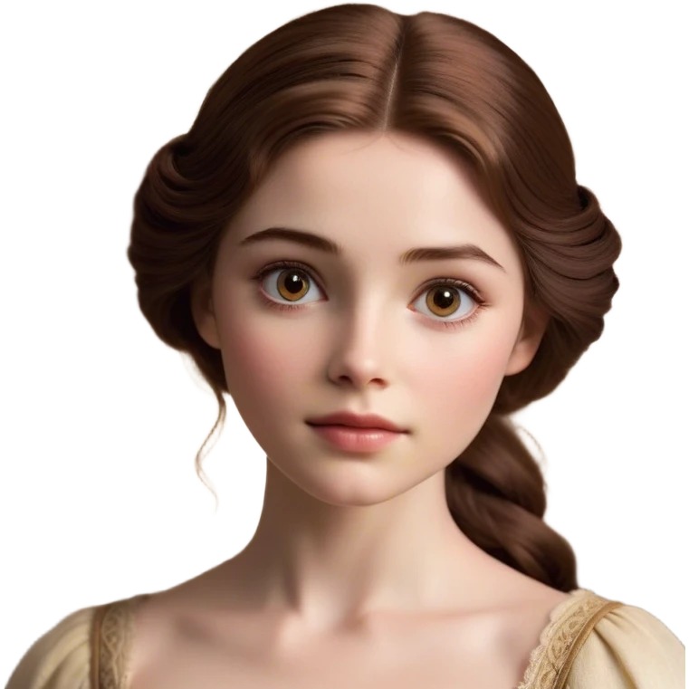 Cinematic Realistic Belle Portrait, depicted with lifelike skin texture, soft natural lighting, and intricately detailed brown hair styled elegantly. Her deep, expressive eyes exude warmth and intelligence, complemented by a serene and graceful expression. She is dressed in her classic attire, with rich fabric textures and delicate folds that catch the light beautifully. The portrait features a soft, enchanting glow with a natural, radiant finish, capturing the essence of timeless beauty in a realistic and painterly style, evoking a sense of depth and authenticity. emoji