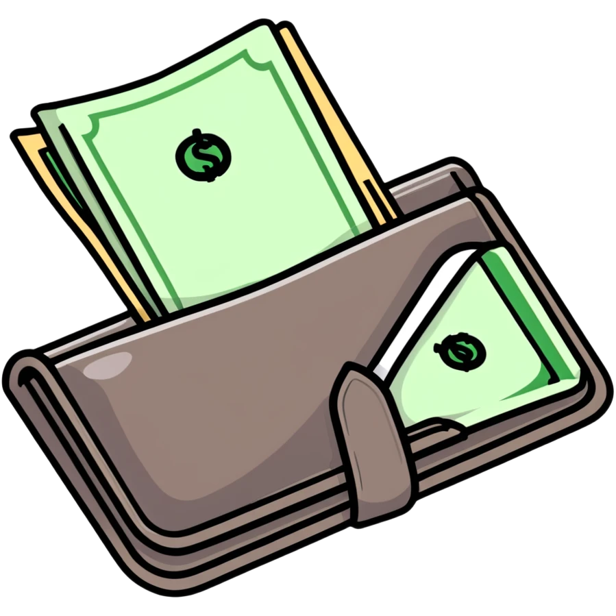 black leather wallet open with dollar bills inside and a small analog clock in top right corner floating above the wallet emoji