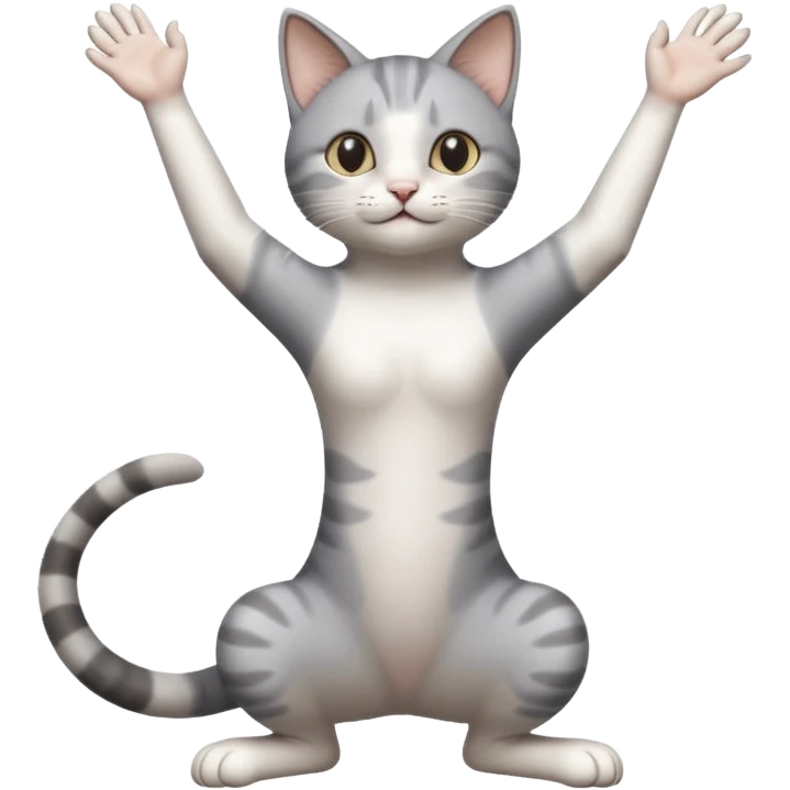 grey and white cat doing a big long stretch reaching up into the air with arms and legs together emoji