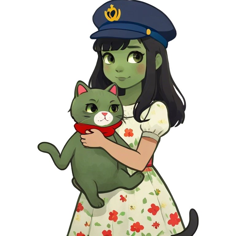 A girl with black eyes, red cheeks, black hair with a white face, holding a British gray cat and a brown teddy bear emoji